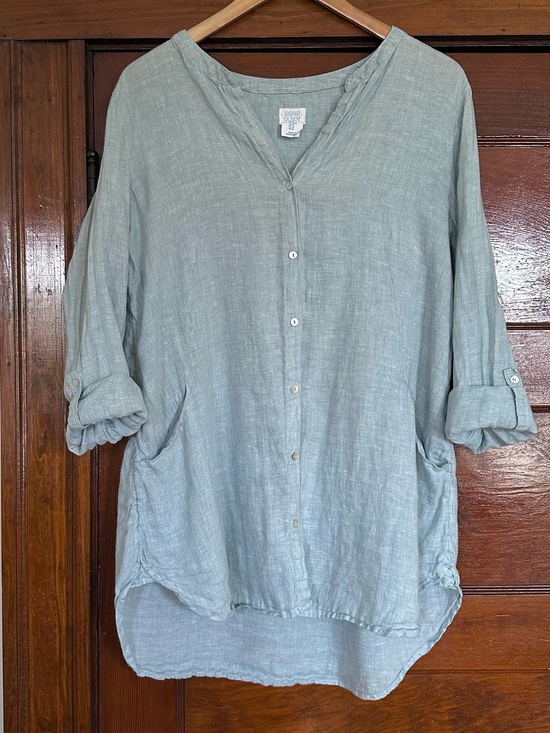 Sigrid Olsen Tops - Sigrid Olsen Linen Roll Tab Sleeve V-Neck Button Down Tunic Shirt Top Sz Medium